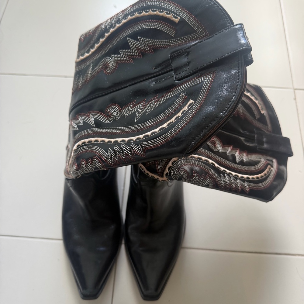Jeffrey Campbell Used Black Western Embroidered Leather Cowboy Boots